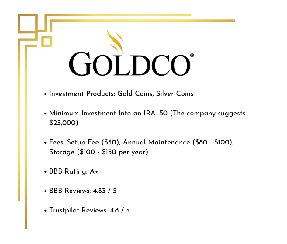 Overview of Goldco including Investment Products: Gold Coins, Silver Coins Minimum Investment Into an IRA: $0 (The company suggests $25,000) Fees: Setup Fee ($50), Annual Maintenance ($80 - $100), Storage ($100 - $150 per year) BBB Rating: A+ BBB Reviews: 4.83 / 5 Trustpilot Reviews: 4.8 / 5