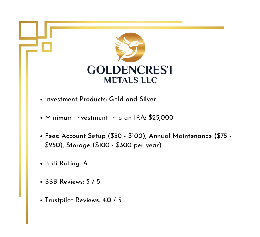Overview of Golden Crest Metals Investment Products: Gold and Silver Minimum Investment Into an IRA: $25,000 Fees: Account Setup ($50 - $100), Annual Maintenance ($75 - $250), Storage ($100 - $300 per year) BBB Rating: A- BBB Reviews: 5 / 5 Trustpilot Reviews: 4.0 / 5