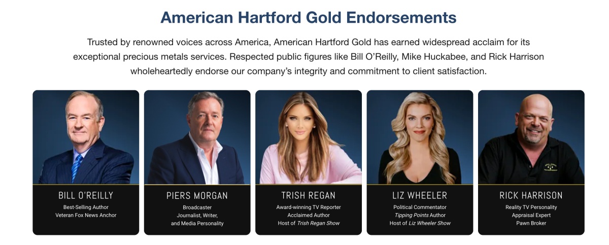 Image of the American Hartford Gold endorsers including Bill O'Reilly, Piers Morgan, Trish Regan, and more.