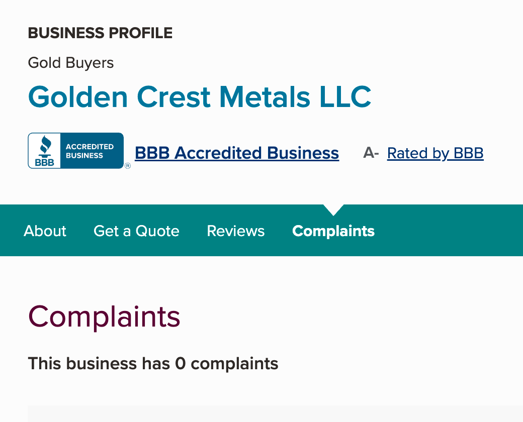 Image of the complaints page for GoldenCrest Metals on the BBB website