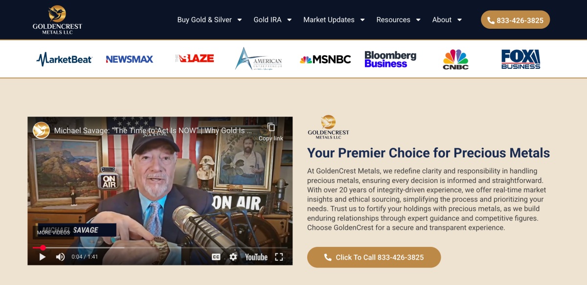 Image of the GoldenCrest website featuring a video of Michael Savage