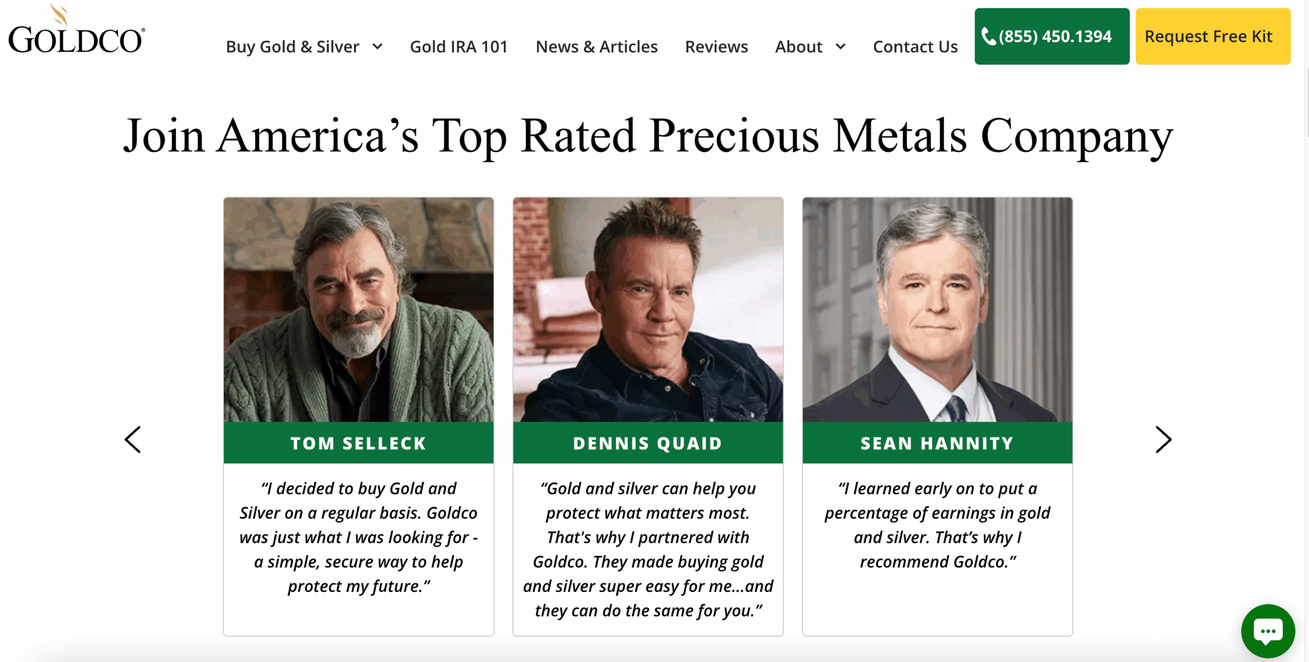Image of the Goldco home page, which features testimonials from Tom Selleck, Dennis Quaid, and Sean Hannity