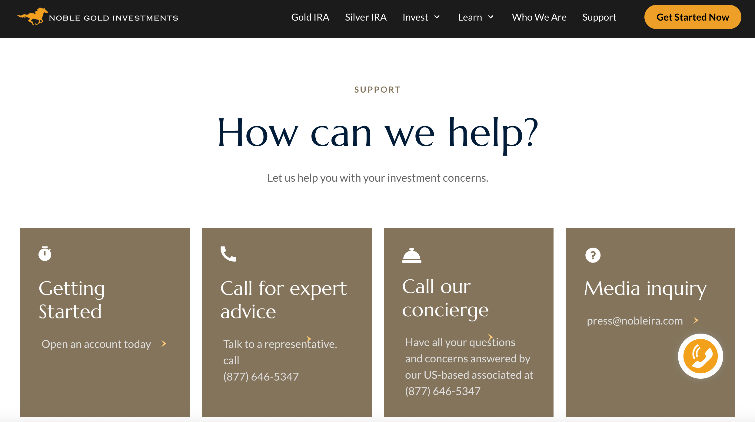 Image of the support page on the Noble Gold website