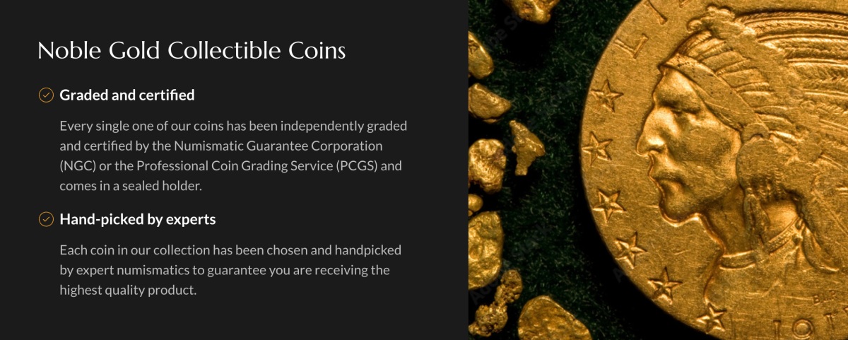 Image of a page from the Noble Gold website showing an overview of the collectible coin offerings