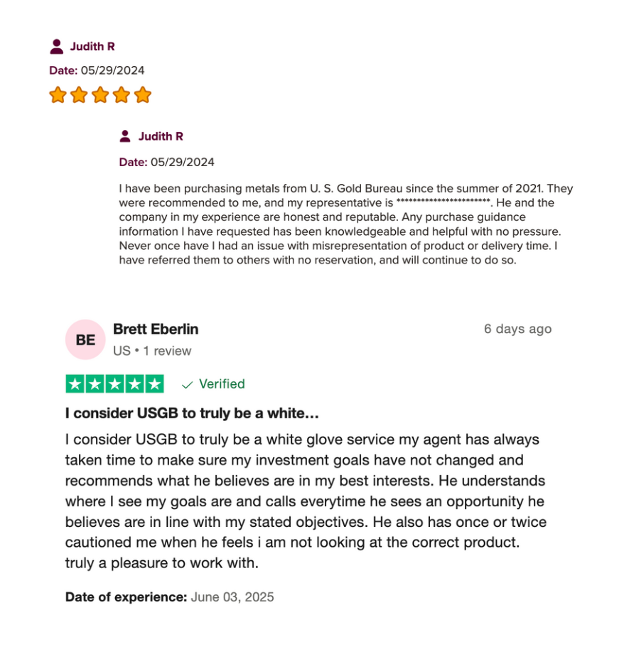Image of positive customer reviews about United States Gold Bureau