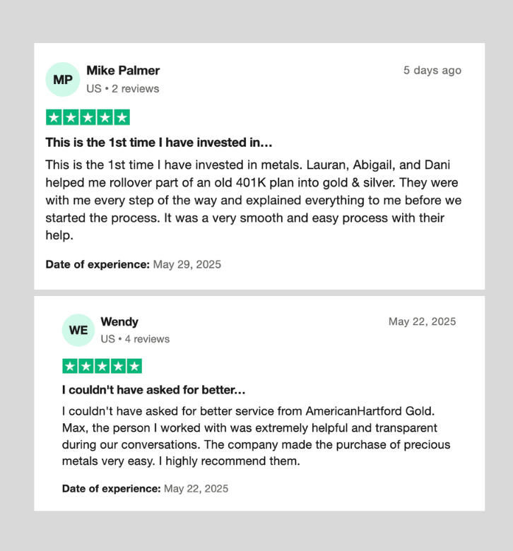 Reviews from Trustpilot about American Hartford Gold