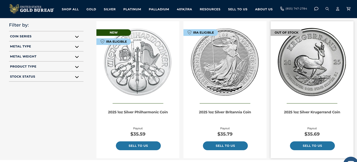 Image of the "Sell to Us" page on the USGB website featuring several coins and prices