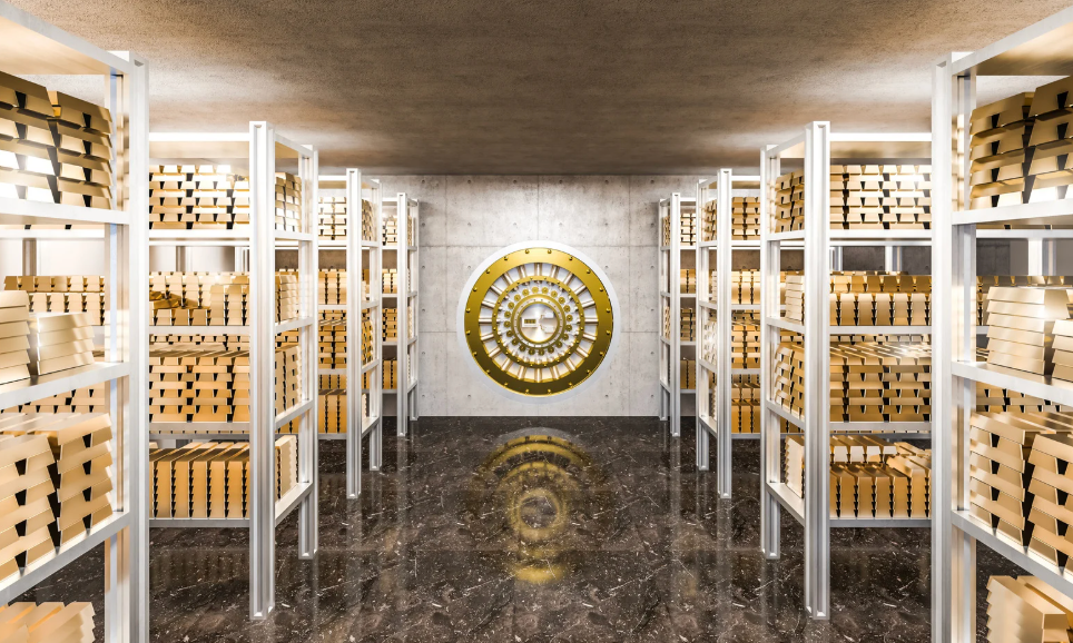 Image of a vault with gold bars stacked on shelves