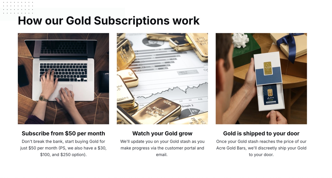 Image from the Acre Gold website explaining the gold subscription process