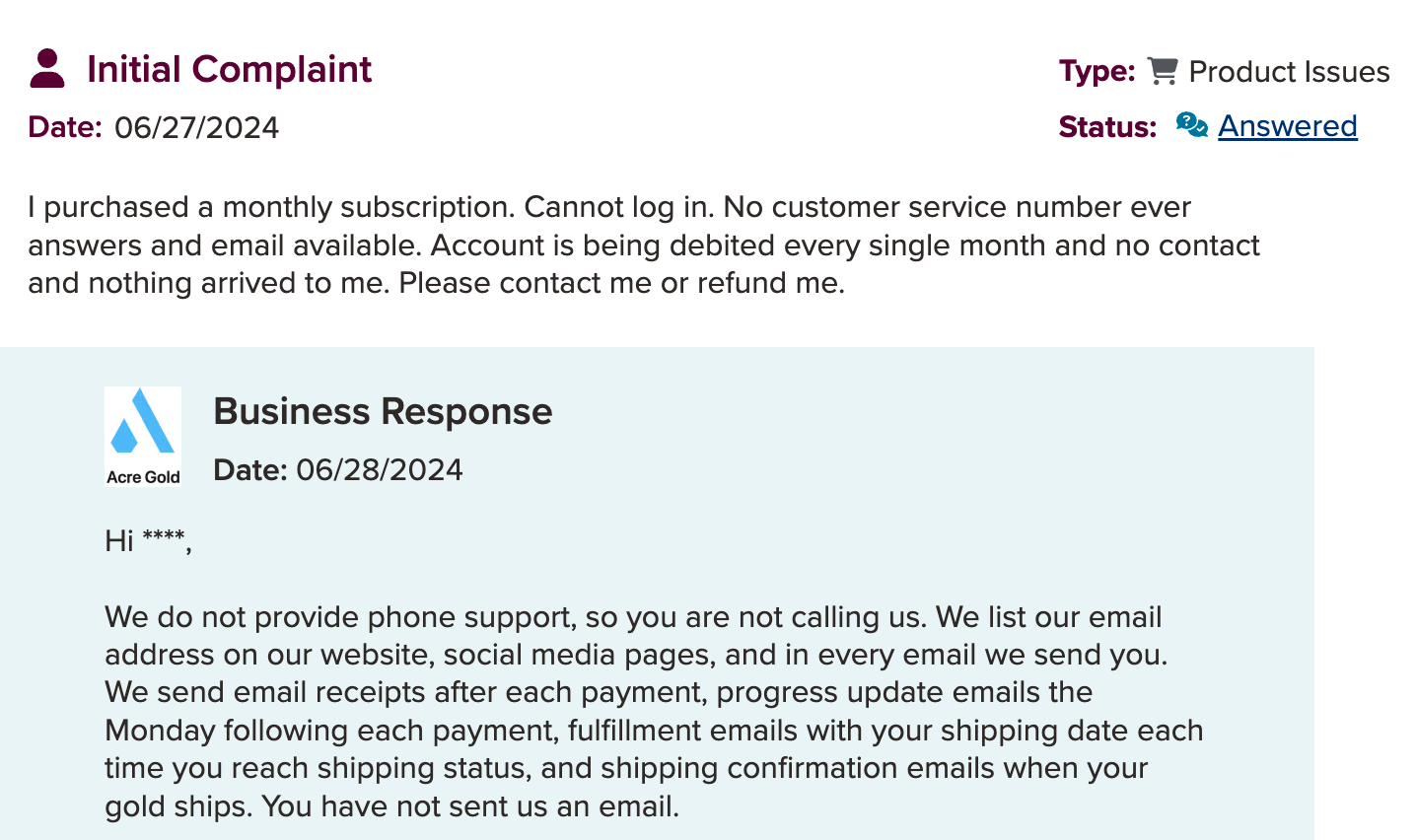Image from the BBB Website showing one of the complaints from a customer and Acre Gold's response