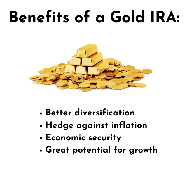 Image of the benefits of gold IRAs including Better diversification Hedge against inflation Economic security Great potential for growth
