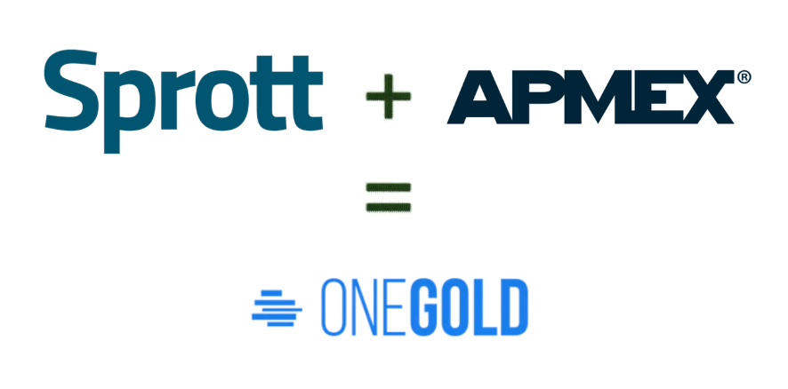 Image created for PreciousMetalIRAAccounts.com featuring Sprott + APMEX = OneGold