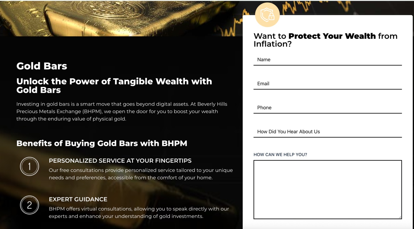 Image of the gold bar purchase page of BHPM