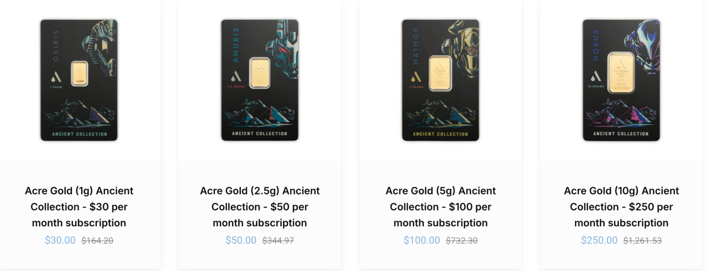 Image of four gold bars that are available from Acre Gold