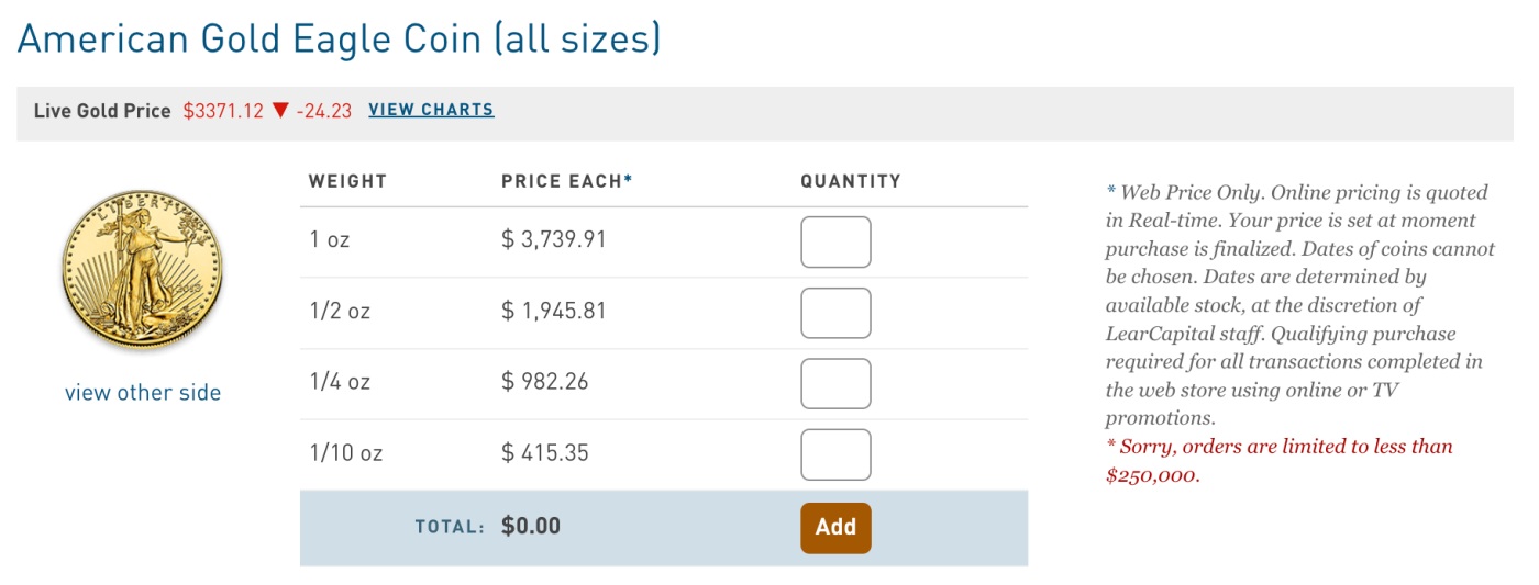Image from the Lear Capital website featuring the purchase page for an American Gold Eagle Coin