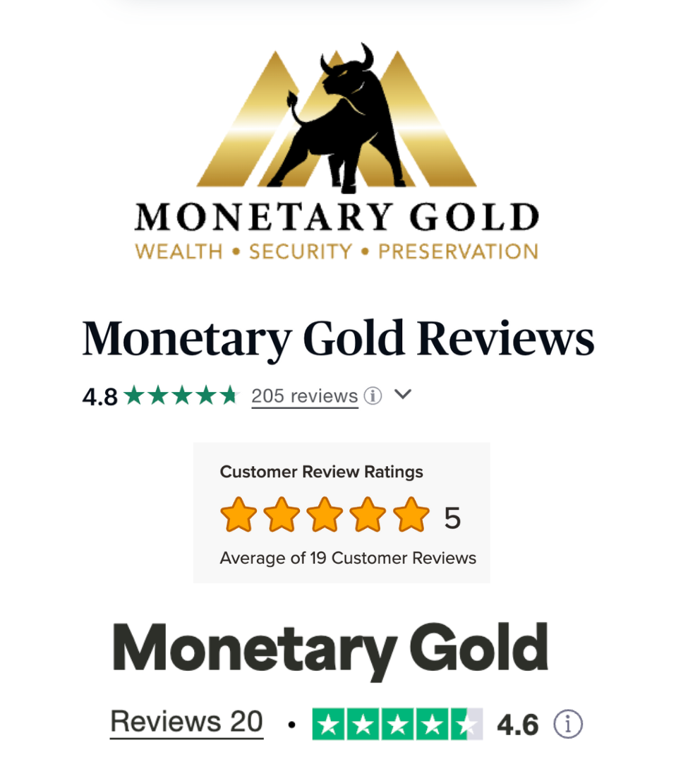 Image showing Monetary Gold review scores from the BBB, Consumer Affairs, and TrustPilot