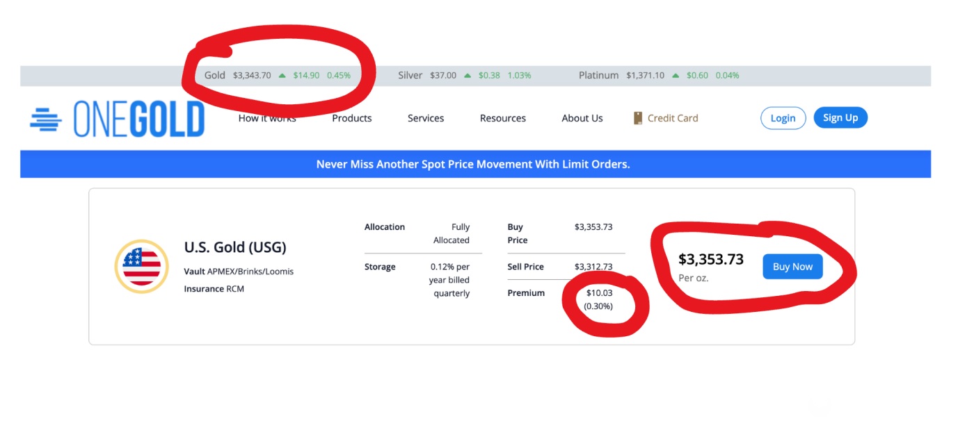 Image of the OneGold website gold purchase page with spot price, premium, and the purchase price