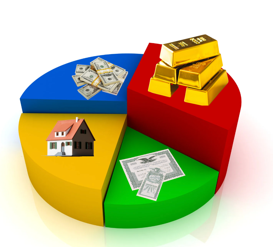 Image created for PreciousMetalIRAAccounts.com featuring a pie chart with gold bars, a stock certificate, a home, and cash