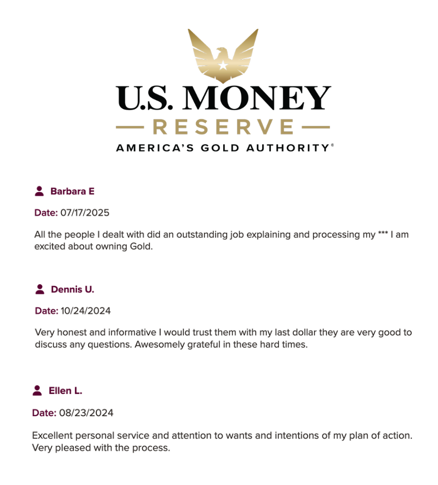 Positive reviews from U.S. Money Reserve's Better Business Bureau page