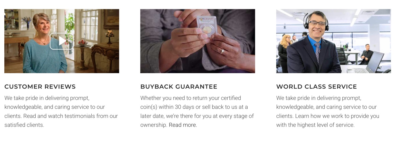 Image from the US Money Reserve website explaining customer reviews, the buyback guarantee, and the service the company offers.