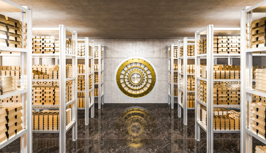 Vault with shelves filed with gold bars